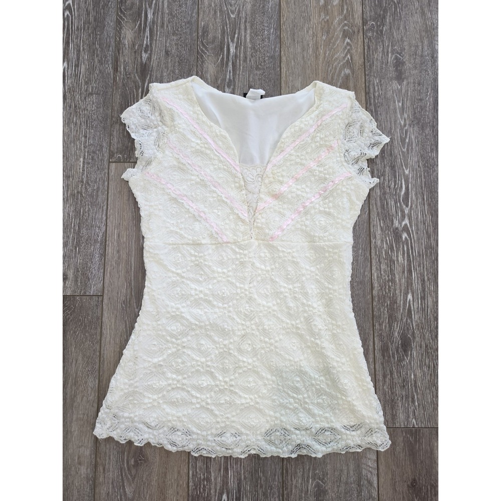 Vanity Y2K Cream Lace Trim Top Fairycore Coquette Cottagecore‎ Size Large